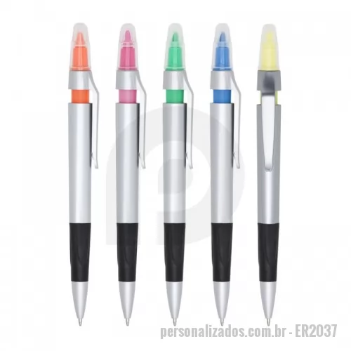 Caneta plástica personalizada - Caneta plástica esferográfica e marca texto com corpo prata.