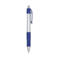 Caneta plástica com detalhe emborrachado, carga esferográfica azul e acionamento por clique.