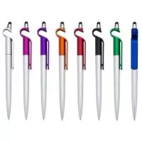 Caneta plástica com suporte para celular e touch screen. Carga esferográfica azul e acionamento por rotação.