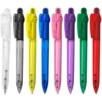 Caneta plástica translúcida esferográficaretrátil com grip, escrita azul e disponível em diversas cores. Confortável, funcional e ideal para ações promocionais.
