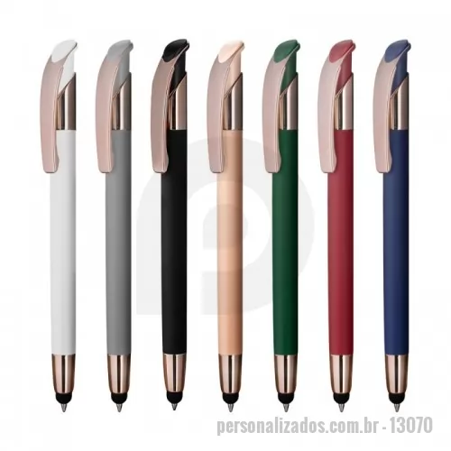 Caneta touch personalizada - Caneta esferográfica em metal escrita em azul. Refil tipo parker e ponta touch emborrachada.