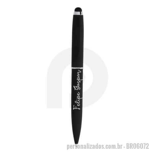 Caneta touch personalizada - Caneta metálica touchscreen com acabamento emborrachado, acionamento por rotação e carga esferográfica azul 1mm.