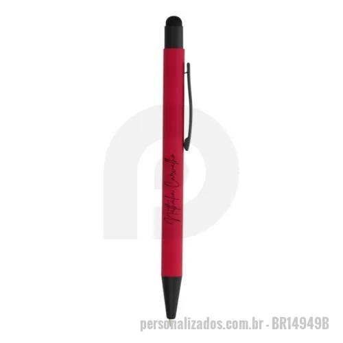 Caneta touch personalizada - Caneta metálica touchscreen com acabamento emborrachado, acionamento por clique e carga esferográfica azul 1.0mm.