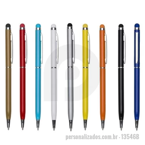 Caneta touch personalizada - Caneta metal fina com ponteira touch. Corpo colorido com clip e anel central prata, possui borracha touch na cor da caneta. Aciona por giro. Tamanho   CxL :  13,6 cm x 1 cm. Peso  g :  11
