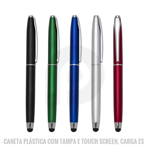 Caneta touch personalizada - Caneta plástica com tampa e touch screen, carga esferográfica azul.