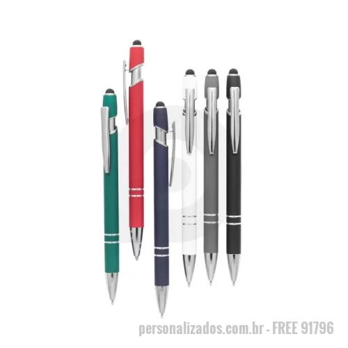 Caneta touch personalizada - Esferográfica em alumínio com ponteira touch Esferográfica em alumínio com acabamento emborrachado. A esferográfica tem escrita em azul, ponteira touch no topo da esferográfica e clipe de metal. ø10 x 143 mm