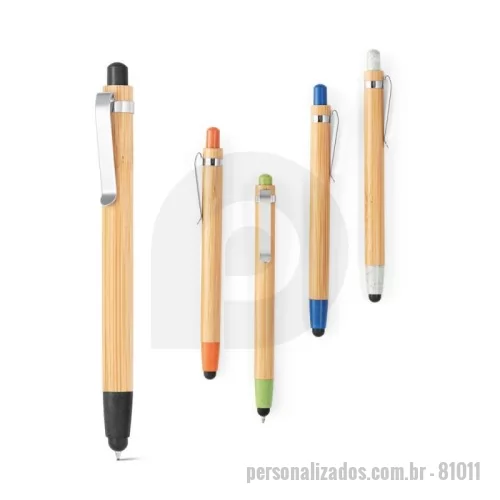 Caneta touch personalizada - Esferográfica em bambu com ponteira touch e clipe de metal. Os elementos coloridos são em fibra de trigo e ABS. Até 1,5 km de escrita. Escrita em azul. A cor e o resultado da impressão nos materiais naturais pode variar entre produtos. ø11 x 139 mm