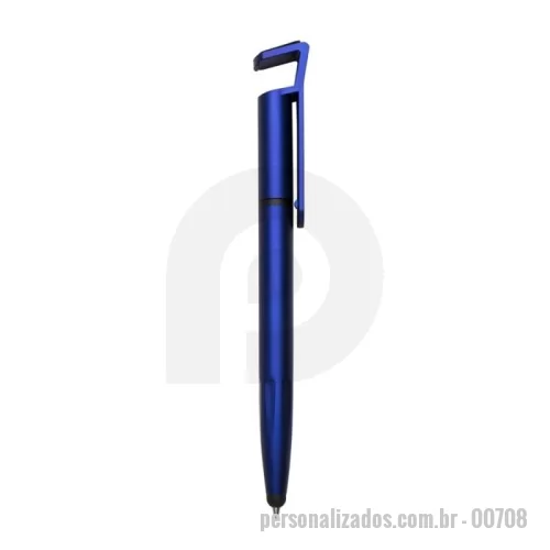 Caneta touch personalizada - Caneta plástica com suporte para celular, ponteira touch screen e limpador de tela. Carga esferográfica azul e acionamento por rotação. Temos dezenas de outras opções de canetas