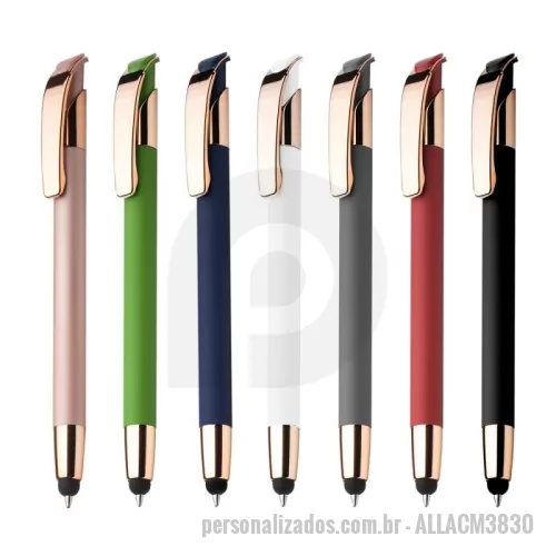 Caneta touch personalizada - Caneta esferográfica em metal escrita em azul. Refil tipo parker e ponta touch emborrachada.