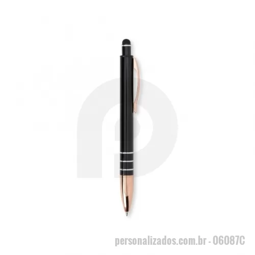 Caneta touch personalizada -  Caneta metálica com acionador touch, clipe metálico e ponteira plástica. Carga esferográfica azul 1.0mm e acionamento por clique. Cores disponiveis: azul, cinza, prata, preto, verde e vermelha.