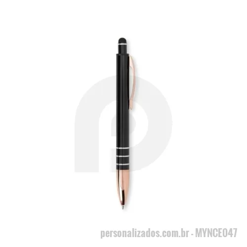 Caneta touch personalizada - Caneta metálica com acionador touch, clipe metálico e ponteira plástica. Carga esferográfica azul 1.0mm e acionamento por clique.
