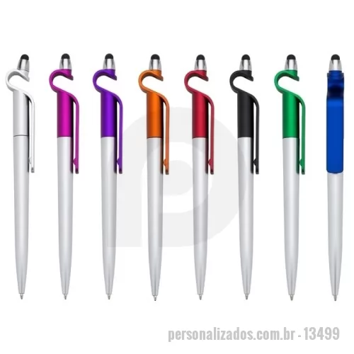 Caneta touch personalizada - Descrição: Caneta plástica com suporte para celular e touch screen. Carga esferográfica azul e acionamento por rotação.