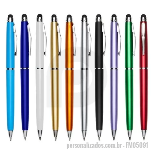 Caneta touch personalizada - Descrição: Caneta plástica touch screen com acionamento por rotação e carga esferográfica azul 1mm.   OBS.: PEDIDOS MÍNIMO DE 50 PEÇAS!  Largura :  1,3 cm  Comprimento :  13,6 cm  Medidas aproximadas para gravação (CxL):  4,9 cm x 0,7 cm  Peso aproximado (g):  6