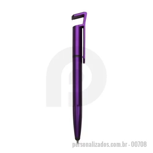 Caneta touch personalizada - Caneta plástica com suporte para celular, ponteira touch screen e limpador de tela. Carga esferográfica azul 1.0 mm e acionamento por rotação.  Largura: 1,9 cm Comprimento: 14,9 cm Medidas aproximadas para gravação: (CxL): Clip 4 cm x 1 cm