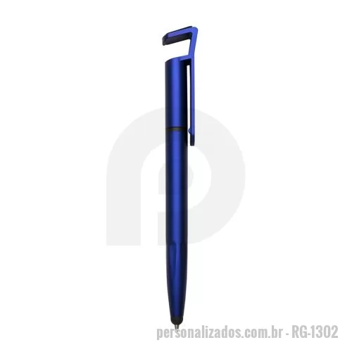 Caneta touch personalizada - Caneta plástica com suporte para celular, ponteira touch screen e limpador de tela. Carga esferográfica azul 1.0 mm e acionamento por rotação. OBS.: PEDIDOS MÍNIMO DE 50 PEÇAS!