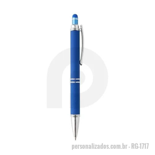 Caneta touch personalizada - Caneta metálica touchscreen com acabamento similar à borracha e parte inferior texturizada, acionamento por clique e carga esferográfica azul 1.0mm.