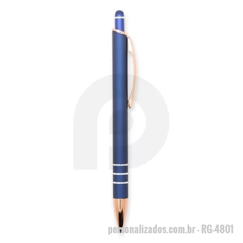 Caneta touch personalizada - Caneta metálica com carga esferográfica de 1,0mm e acionamento por clique de revestimento emborrachado, ideal para interagir com telas sensíveis ao toque.