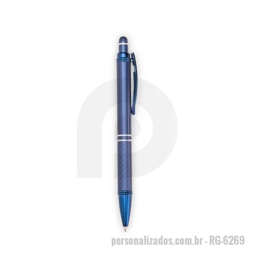 Caneta touch personalizada - Caneta metálica com ponta e clip em plástico. Possui detalhe emborrachado no topo para interação com dispositivos de telas sensíveis ao toque. Conta ainda com acionamento por clique e carga esferográfica azul de 1,0mm.