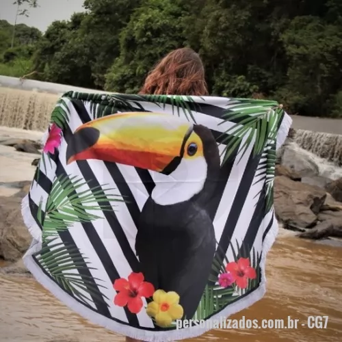 Canga personalizada - Canga redonda com 1.50m de diametro, confeccionada em malha ou tactel e personalizada em impressão digital. Acabamento em franja.