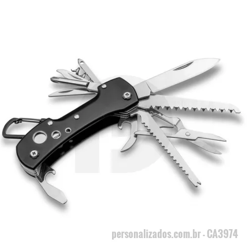 Canivete personalizado - Canivete multifunções em aço inox com 12 peças e mosquetão. Fornecido em caixa presente.