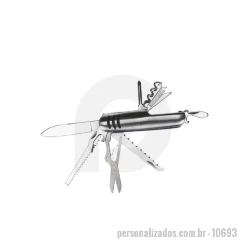 Canivete personalizado - Canivete metal 11 funções com detalhes emborrachados preto(três linhas frente e verso). Possui: lâmina de corte, serrilha, serra madeira, mini tesoura, abridor de latas, abridor de garrafa, chave phillips, lamina de remoção e limpeza, lixa, agulha de sutura e saca-rolhas. Acompanha bainha em nylon.