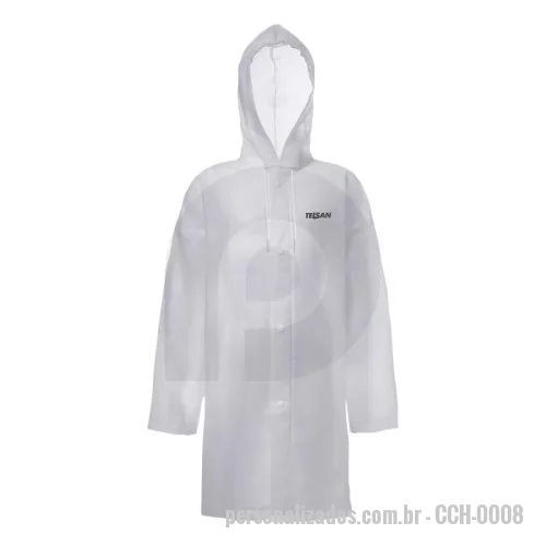 Capa de chuva personalizada - Capa de chuva adulto em EVA com cadarço no capuz, no tamanho: 114x65cm. Brinde para Sipat.