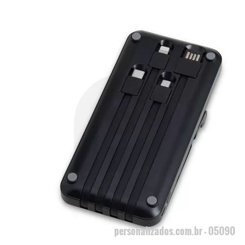 Carregador de celular personalizado - Carregador de celular Personalizado - 05090 - Power bank plástico de 10.000mAh multissaídas com suporte retrátil para celular ou tablet. Com indicadores led de bateria e base antiderrapante, o carregador possui os cabos tipo-C , lightning, , V8 e USB acoplados - 179185 - Carregador de celular
