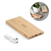 Bateria portátil com carregador wireless super-rápido em bambu. Bateria de lítio com capacidade de 5.000mAh e tempo de vida ? 500 ciclos. Contém indicador de carga, uma porta micro USB de entrada, uma porta USB-C de entrada e saída e uma porta USB-A 