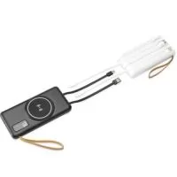 Power Bank em plástico com capacidade de 10.000mAh. Possui quatro cabos integrados com saídas para Lightning, USB-C, Micro-USB e USB, além de área de recarga por indução magnética para dispositivos compatíveis e lanterna de LED. Conta ainda com entradas USB-A e USB-C para recarga do próprio aparelho e alça de tecido sintético para transporte.  Altura :  14 cm  Largura :  6,8 cm  Espessura :  2,1 cm