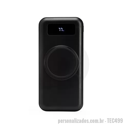 Carregador portátil USB personalizado - Carregador portátil power bank com 10.000mAh e carregamento via indução ou via cabo. Com display digital indicador de bateria, o carregador contém quatro cabos acoplados: Lightning, Tipo-C, V8 e saída USB para o carregamento da própria bateria. Portas de entrada: V8, Tipo-C e duas portas USB. 