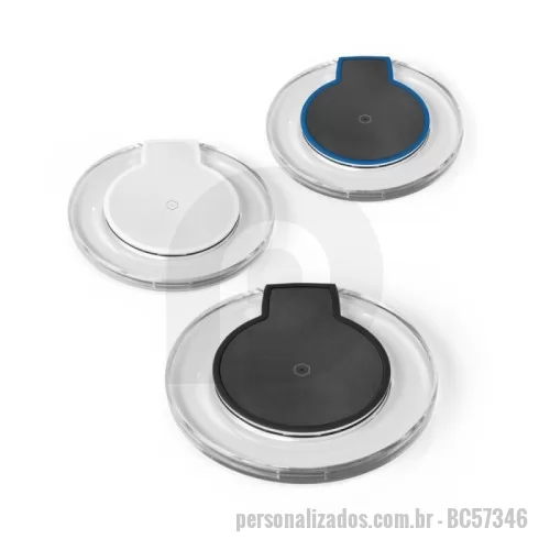 Carregador Wireless personalizado - Carregador wireless em ABS, permite carregamento dos dispositivos por indução. Tem entrada microUSB e potência de carregamento de 5W. Incluso cabo USB-A / micro USB para carregar. CCompatível com smartphones com tecnologia de carregamento sem fios. ø100 x 10 mm