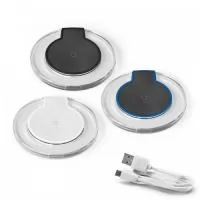 Carregador Wireless. ABS personalizado. Carregamento do dispositivo por indução. Com entrada 5V/2A e saída 5V/1A. Compatível com smartphones com tecnologia de carregamento sem fios NFC. Incluso cabo USB/micro USB para carregar.  INFORMAÇÕES BÁSICAS: 1 - Entrada micro USB 2 - Indicador LED  inclui cabo USB/micro USB CARACTERÍSTICAS TÉCNICAS: Material: ABS DImensão: Ø 100X10 mm Potência: Input 5.0V / 1A; Output 5.0V / 1A Eficiência de carregamento: 75%  MODO DE UTILIZAÇÃO: - Utilize o cabo USB/micro USB incluído com o produto. Insira a extremidade micro USB do cabo do carregador, pegue na outra extremidade USB e insira-a no adaptador de corrente DC, no computador ou carregador automóvel. - Assim que o cabo USB estiver conectado com o carregador, o indicador LED piscará duas vezes depois da fonte de alimentação ser ligada. - Coloque o dispositivo com o recetor de carregamento wireless sob o carregador. - Assim o seu dispositivo começa a carregar.  ATENÇÃO! - Mantenha o carregador longe da