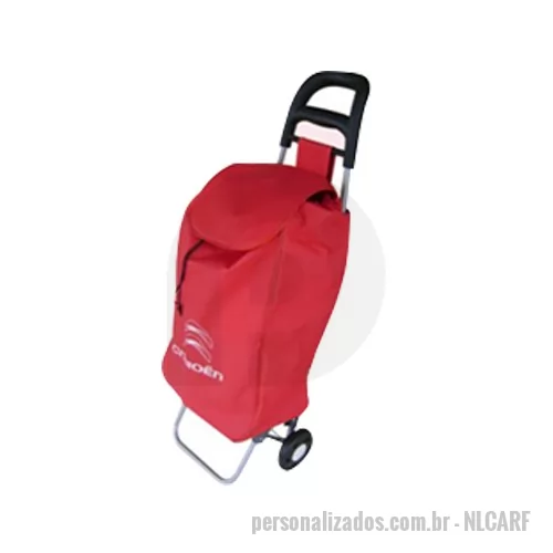 Carrinhos para feiras e eventos personalizado - Carrinho de Feira produzido com estrutura em tubos de aço 5/8 polegadas com base de apoio articulável importado, acabamento em pintura epóxi ou galvanizado, bolsa em tecido de poliéster 600 importado com vivos de PVC entre as costuras disponível em cores ou com a combinação destas, fundo em laminado rígido removível com capacidade para 45 Kg.