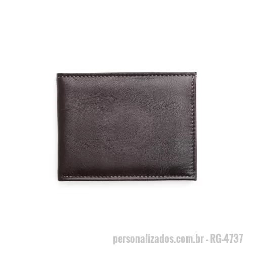 Carteira personalizada - Carteira em couro com design compacto e sem fechamento. Possui seis divisórias internas para cartões e documentos e um compartimento para cédulas.