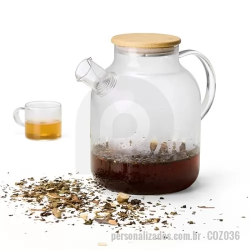 Chaleira personalizada - Chaleira em vidro borossilicato e capacidade máxima de 1,8 litro. Suporta variações de temperatura, pode ser levada a fogo baixo. Possui tampa em bambu com vedação para conservar a temperatura dos líquidos por mais tempo. 