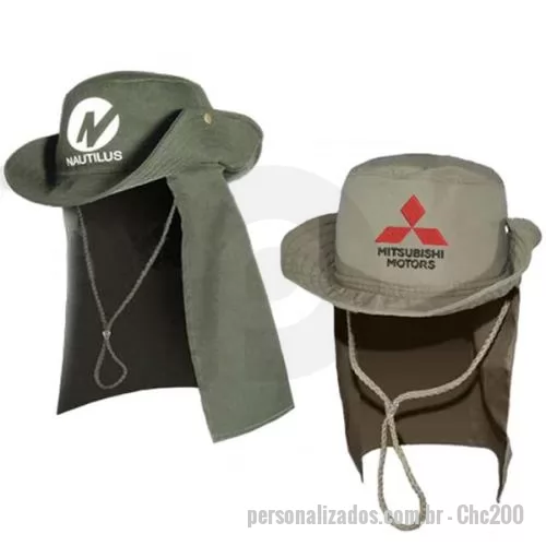 Chapéu Australiano personalizado - Chapéu australiano modelo canavieiro em brim médio peletizado e dublado, com proteção de pescoço (24 cm overlocado) e botão de pressão, nas laterais botão de pressão de plástico na cor do tecido, acabamento em algodão, aba dupla com costuras na aba, 