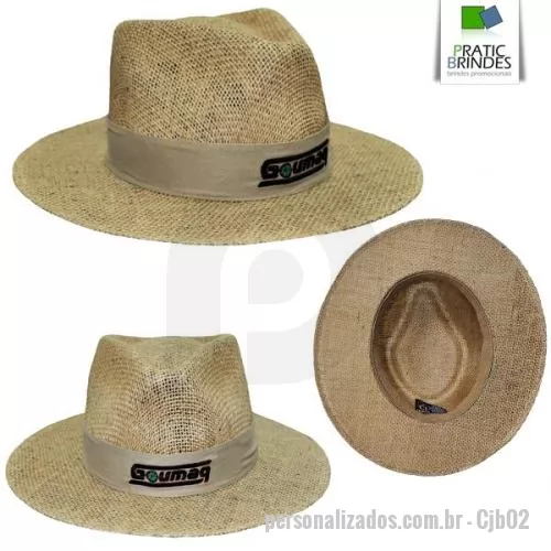 Chapéu personalizado - Chapéu de juta com faixa em brim, nos modelos sem foro, debruado, forrado e feminino com laço, disponível nos tamanhos M,G e GG. Personalização em Bordado somente uma logo.