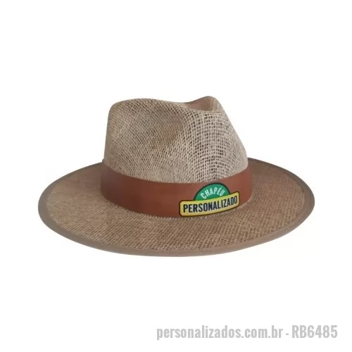 Chapéu personalizado - * Chapéu Juta  Chapéu no modelo Indiana, com Juta Premium de alta qualidade, engomado resistente a altas temperaturas e umidade. Forrado com tecido e acabamento em viés para melhor proteção. Possui carneira elástica para melhor ajuste e conforto.  Especificação e tamanho: Tamanho P-M-G-GG   Gravação: Faixa Corvin (laser ou Silk) - Faixa tecido (Bordado e Silk) 