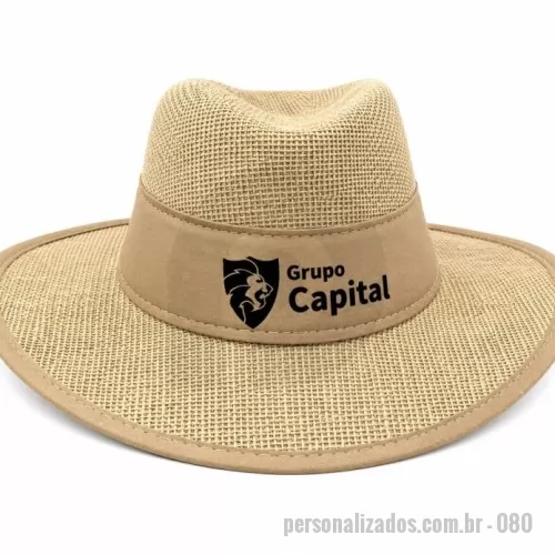 Chapéu personalizado - # Chapéu de Juta Personalizado – Direto da Fábrica  Chapéu de juta personalizado produzido **direto da fábrica**, ideal para empresas do agronegócio, eventos, feiras, exposições, festas, vaquejadas, rodeios e ações promocionais.  Com visual rústico e diferenciado, o chapéu de juta é uma excelente opção para valorizar sua marca. Personalizamos com a **logomarca da sua empresa, fazenda ou evento**.  **Diferenciais:**  * ???? Produção própria – direto da fábrica * ???? Personalização com sua logomarca * ???? Visual rústico e estilo agro * ?? Ideal para eventos e atividades ao ar livre * ???? Perfeito para agronegócio, feiras e exposições * ???? Material resistente e ótimo acabamento * ???? Excelente opção para brindes personalizados * ???? Pequenas e grandes quantidades * ???? Enviamos para todo o Brasil  **Chapéu de juta personalizado direto da fábrica: estilo agro, qualidade e sua marca em destaque.**