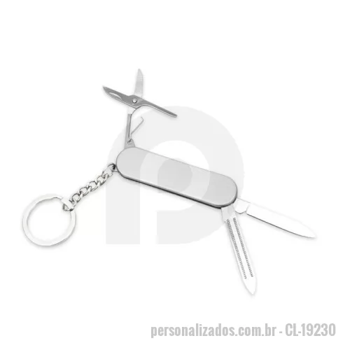 Chaveiro Canivete personalizado - Canivete com estrutura em aço inox e três funções diferentes: lâmina de corte, lixa de unha e uma mini tesoura, além de argola metálica.