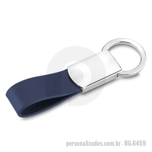 Chaveiro de couro ou sintético personalizado - Chaveiro de metal fosco com alça em couro sintético preto + caixa com berço aveludado