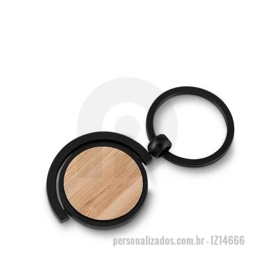 Chaveiro de MDF personalizado - Chaveiro de metal, com detalhe circular de Bambu. Acompanha estojo de papel