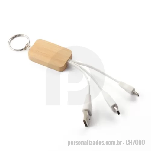 Chaveiro ecológico personalizado - Chaveiro de capa de bambu com cabo para carregamento USB-A a lightning (Iphone) e Tipo C. Como o bambu é um material natural, a cor do item pode variar.