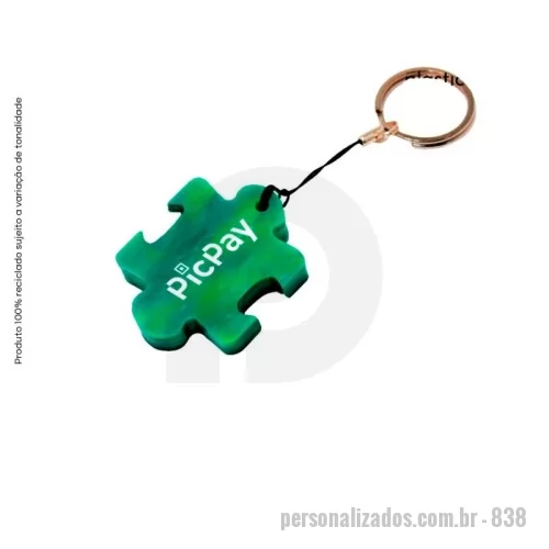 Chaveiro ecológico personalizado - Green Plasticaria, fabricado 100% com plástico reciclado, produto inovador e eco sustentável, medindo 5,0x3,9cm, a escolha ideal para o meio ambiente e para adequação às estratégias corporativas de ESG.