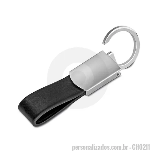 Chaveiro metálico personalizado - Chaveiro de metal fosco com alça em couro sintético preto + caixa com berço aveludado
