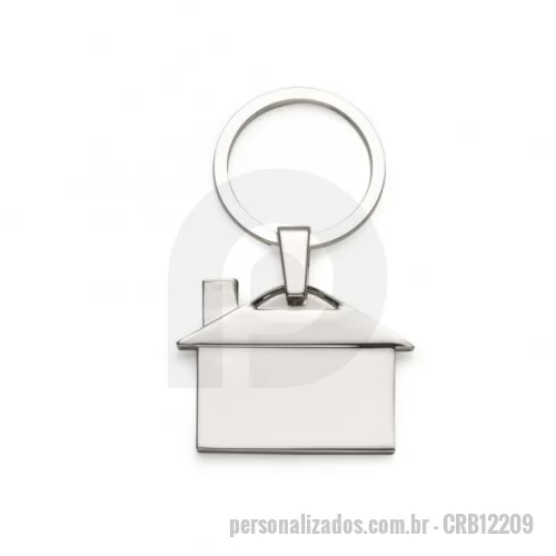 Chaveiro metálico personalizado - Chaveiro metal brilhante formato casa, frente e verso da chapa liso.