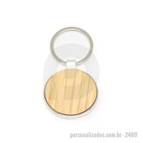 Chaveiro metálico personalizado - Chaveiro de metal redondo, frente com detalhe em bambu e verso liso.
