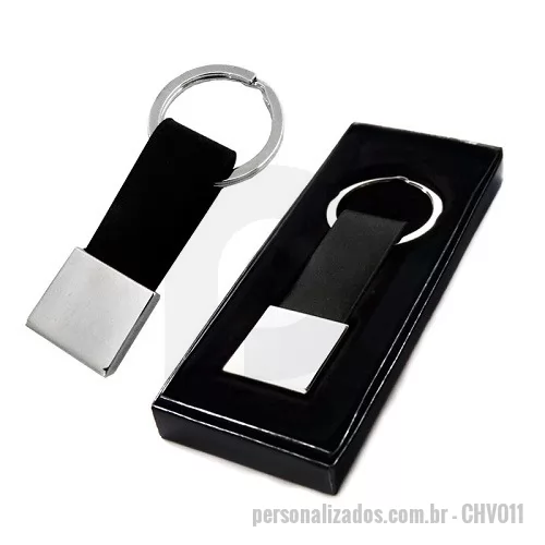 Chaveiro metálico personalizado - Chaveiro Metal com Detalhe em Couro Sintético