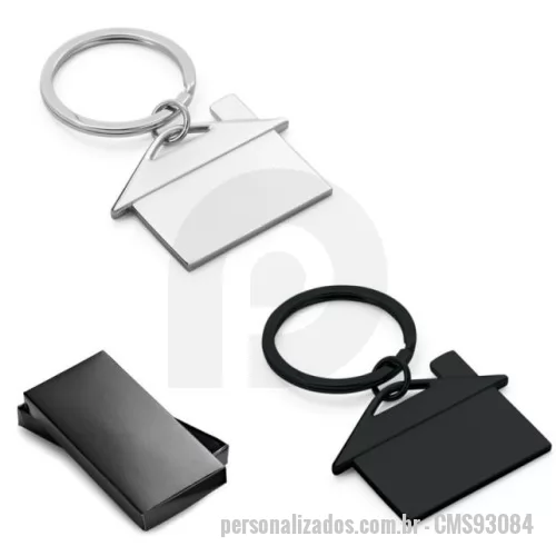 Chaveiro metálico personalizado - Chaveiro em metal em formato de casa. Fornecido em caixa presente. 49 x 36 x 3 mm