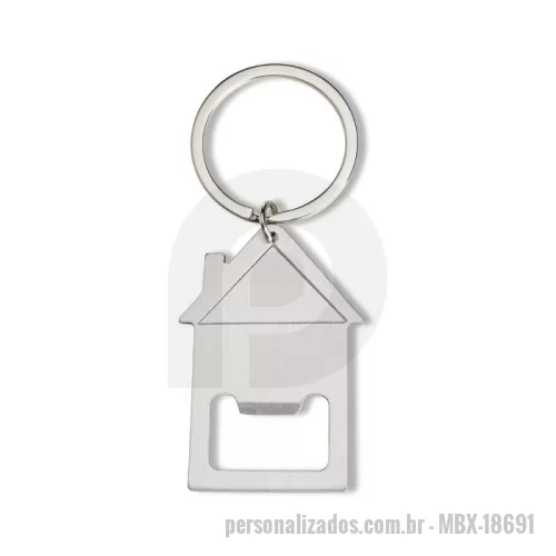 Chaveiro metálico personalizado - Chaveiro abridor feito em aço inox com formato de uma casa e argola de ferro.  Altura :  5,6 cm  Largura :  3,8 cm  Comprimento :  com argola 9,2 cm